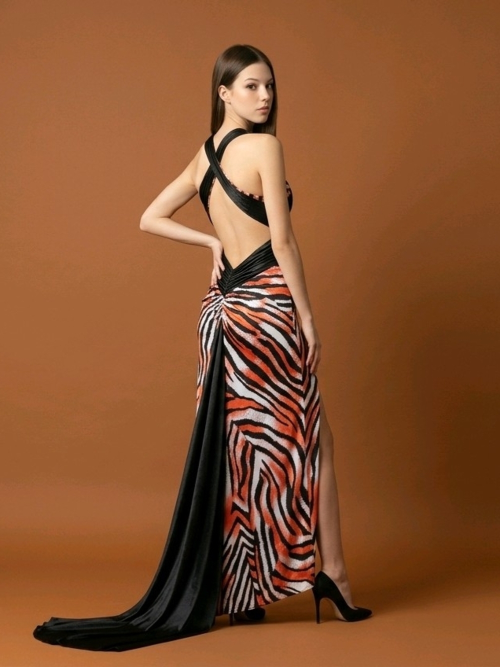 Vintage Y2K Red Black Zebra Print Halter Prom Gown Dress Size 0 with Train 4078